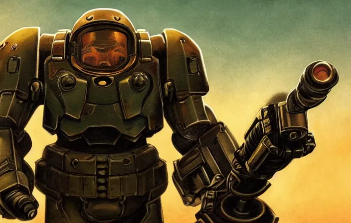 Prompt: doomguy, dieselpunk, photography, full height, front view, golden ratio