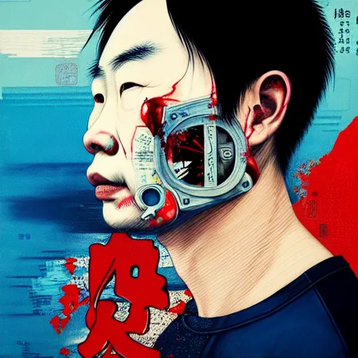 Prompt: portrait of a chinese man :: side profile :: oxygen mask :: blood and ocean intricate details :: 8k :: by vikings and Sandra Chevrier