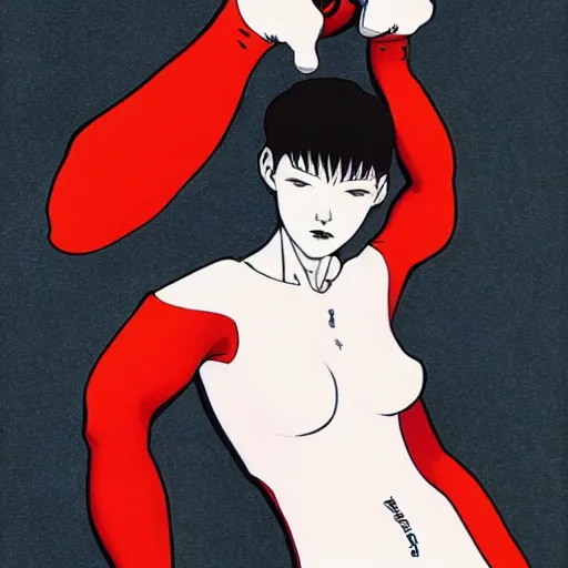 Image similar to thin androgynous girl with boy's body in catsuit. illustration by james jean and satoshi kon and erik jones, inspired by evangelion, smooth feature, intricate oil painting, high detail illustration, sharp high detail