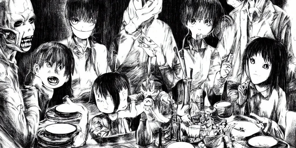 Prompt: A happy family eating dinner, horror, creepy, dark, manga, pencil, inspired by junji ito, superior quality, masterpiece