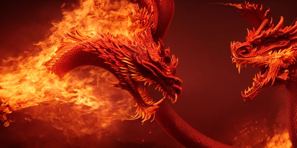 Prompt: a very very beautiful Chinese Fire Dragon on a black background, Octane Render, 4k, photoreal, ultra-detailed