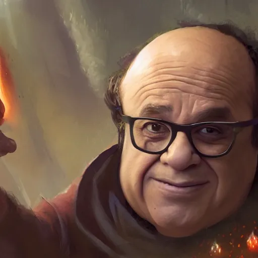 Prompt: Danny DeVito as a magical wizard. Academic painting by Greg Rutkowski, Mobile still frame. 4K UHD