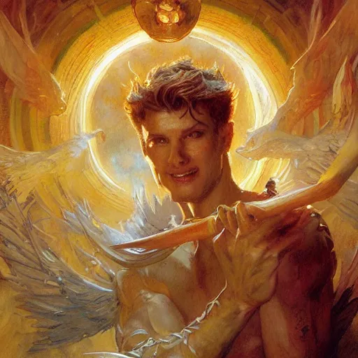 Image similar to attractive male deity casts light spell, summons attractive male lucifer morningstar. highly detailed painting by gaston bussiere, craig mullins, j. c. leyendecker 8 k