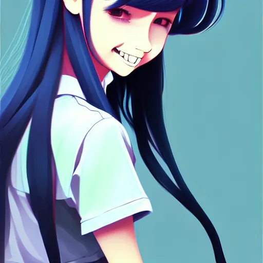 Image similar to urban school girl in shirt fanart, dark blue long hair, muted colors, matte print, pastel colors, ornate, digital art, cute smile, digital painting, fan art, elegant, pixiv, by Ilya Kuvshinov, by Studio Ghibli