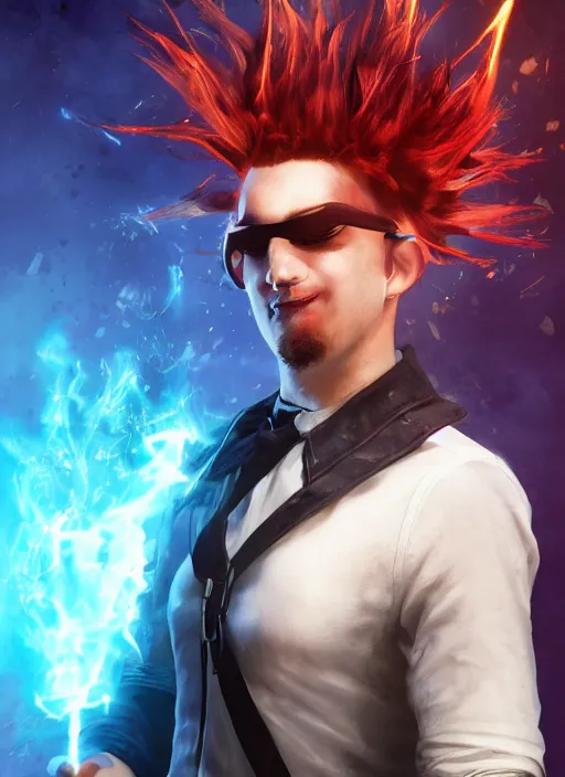 Image similar to An epic fantasy comic book style portrait painting of young man with long red spiked hair. Wearing a black waistcoat, white shirt, using googles. Blasting fire on his hands. Unreal 5, DAZ, hyperrealistic, octane render, cosplay, RPG portrait, dynamic lighting