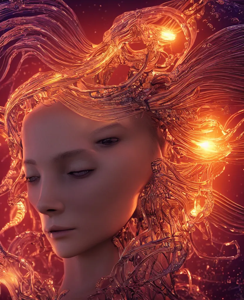 Image similar to close-up macro portrait of the face of a beautiful princess, epic angle and pose, symmetrical artwork, 3d with depth of field, blurred background, cybernetic jellyfish female face skull phoenix bird, translucent, nautilus, energy flows of water and fire. a highly detailed epic cinematic concept art CG render. made in Maya, Blender and Photoshop, octane render, excellent composition, cinematic dystopian brutalist atmosphere, dynamic dramatic cinematic lighting, aesthetic, very inspirational, arthouse. y Greg Rutkowski, Ilya Kuvshinov, WLOP, Stanley Artgerm Lau, Ruan Jia and Fenghua Zhong