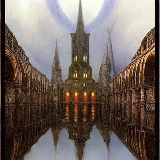 Image similar to the city of minas morgul, gloomy palace, agressive architecture, reflections, dead vegitation, atmosphere, spectacular details, dramatic lighting, epic composition, wide angle, low angle, by john howe, by alan lee, lord of the rings