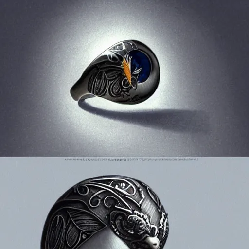 Image similar to silver ring with an engraved bird with a black gem on it's back it, highly detailed, digital painting, trending on artstation, concept art, sharp focus, illustration, art by artgerm and greg rutkowski and magali villeneuve