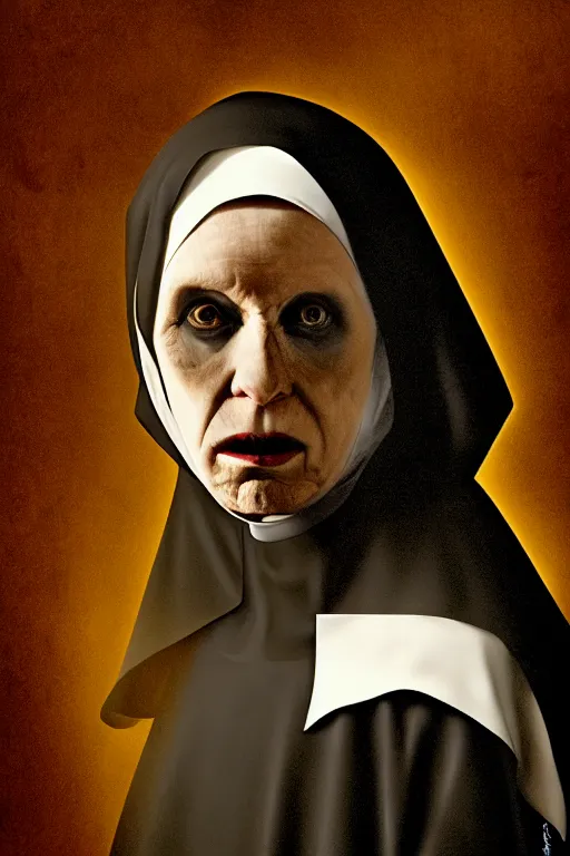 Image similar to portrait, digital painting, an evil old killer nun, black habit, realistic, hyperdetailed, spooky, chiaroscuro, backlit, black background, concept art, art by vermeer