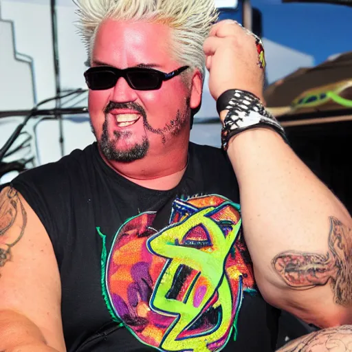 Image similar to guy fieri with pitvipers wearing a mesh neon tank top doing a mukbang