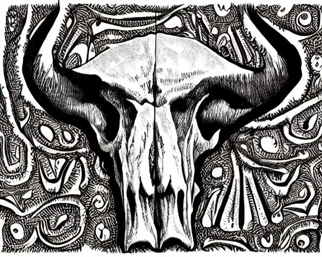 Image similar to Longhorn Skull, skull bone carved with patterns, wild wild west, tritone, mixed media, fine linework, pen and ink, symmetry