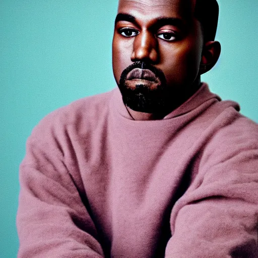 Image similar to Portrait studio photograph of Kanye West in foreground, close up, anthropomorphic teddy bear in background, shallow depth of field, Lomochrome Purple XR 100-400, 40mm