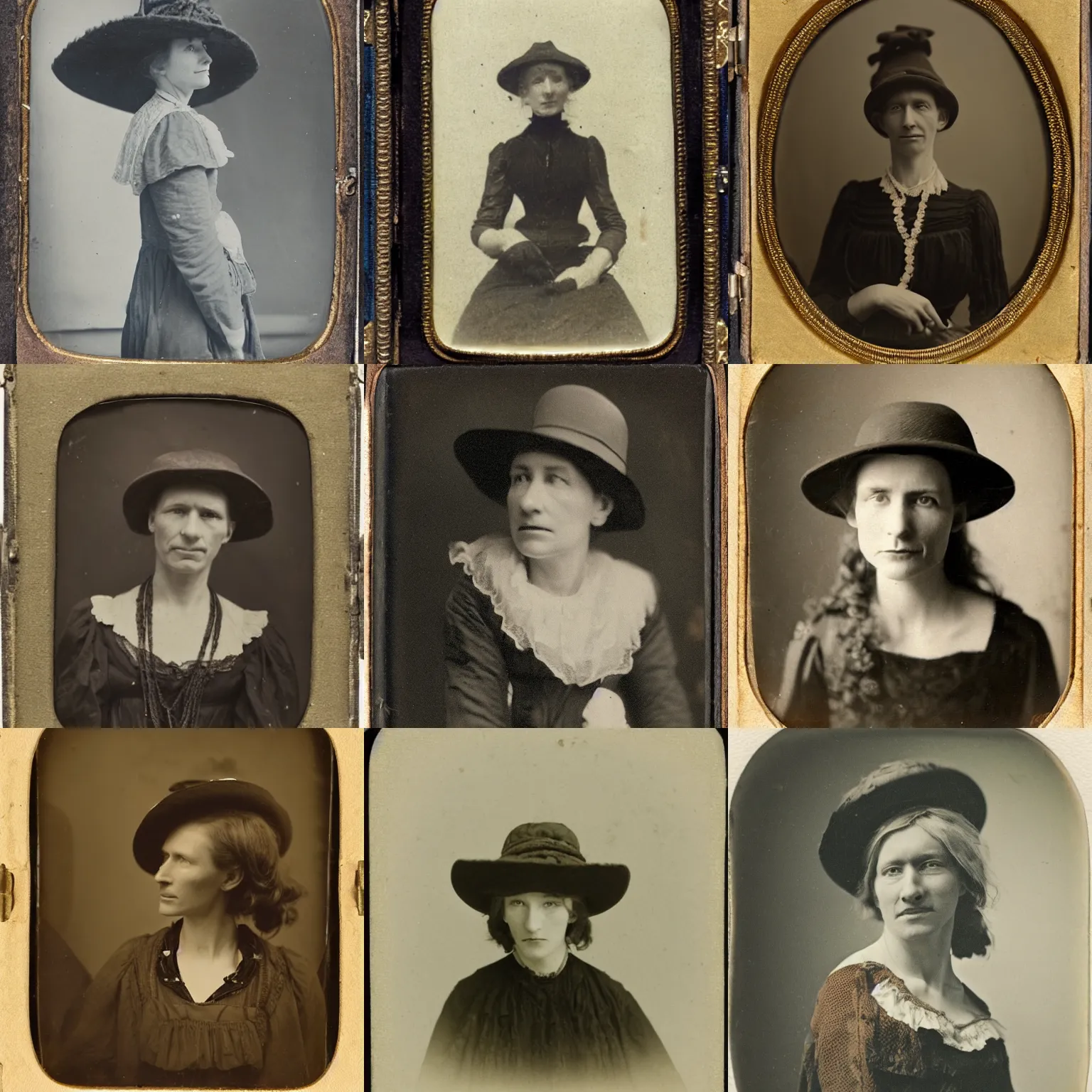 Prompt: a late 1 9 th century, thirtysomethins years old, austro - hungarian woman ( with termed kyphosis, wart and messy, brown hair, [ [ big black hat ] ], bun, looks almost like cate blanchett with a playful smile ), daguerreotype by emil rabending