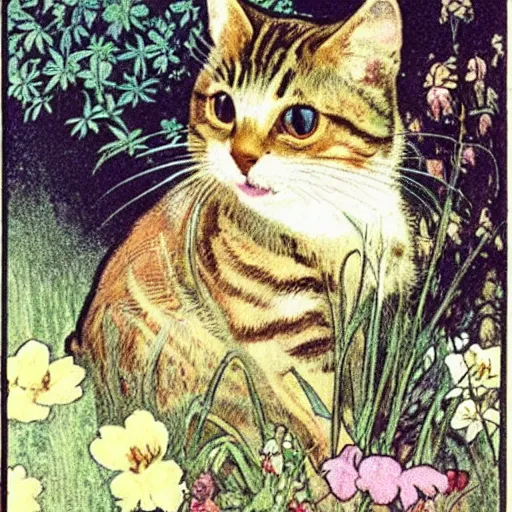 Image similar to a cute tabby cat sitting in a garden, beautiful illustration by beatrix potter and alphonse mucha