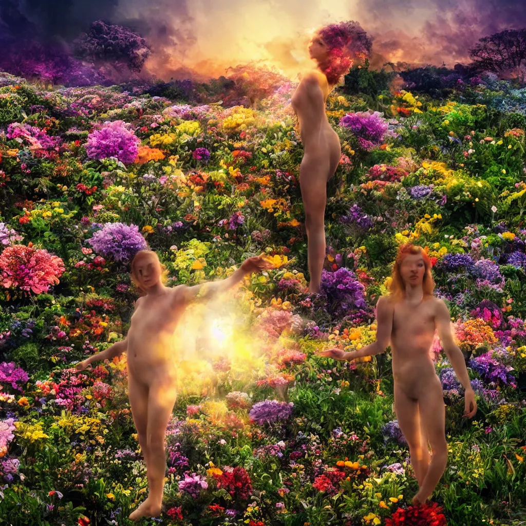 Image similar to a planet of various flowers, fungus and plants, in which the human figure is dressed in something magical and impressive, inside the picture is infinity, sunset light, Atmospheric phenomenon, artistic photography, muted colors, conceptual, long exposure outside the city