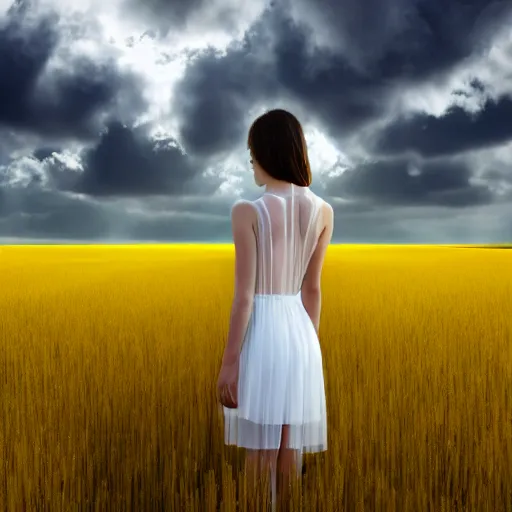 Prompt: very coherent symmetrical artwork, perfect body ,aerial shot, a beautiful photo of a petite brunette girl in a very wide transparent sheer fabric white dress standing on a bright yellow rye field, a lot of clouds, photo from the back, 135mm, trending on artstation, hyper detailed, hyper realistic, chrome accents, mild, ethereal, elegant, tender