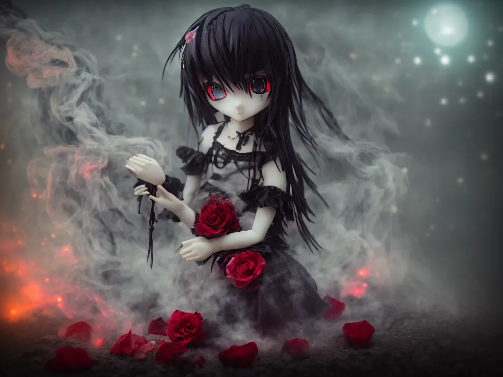 Image similar to cute fumo plush of a gothic maiden girl clutching lots of decayed roses, stale twilight, swirling vortices of emissive smoke and volumetric fog over the river, bokeh, vignette, vray