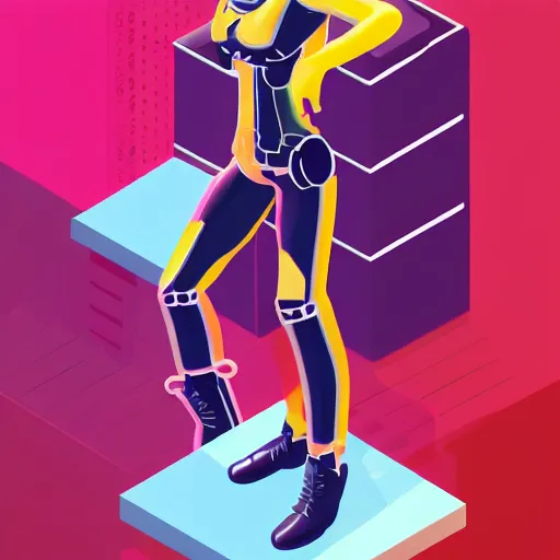 Prompt: cyborg fashion shot, headshot half figure, isometric,