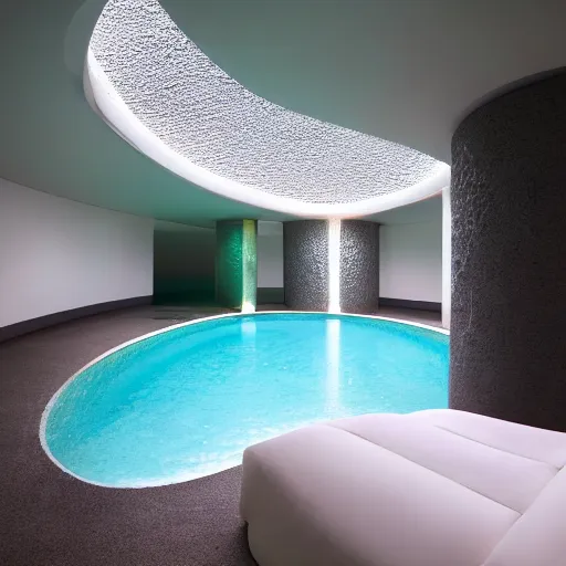 Image similar to curved futuristic room interior with spongy walls. there is a swimming pool on the floor