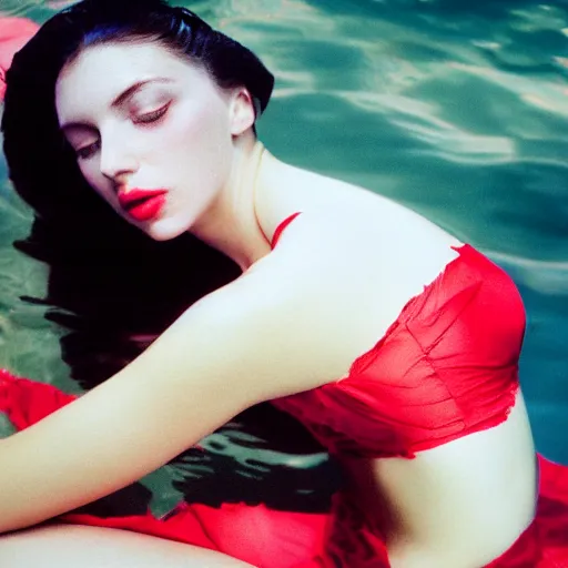 Image similar to beautiful portrait of sensual fashion model in red silk underwater, 35mm film