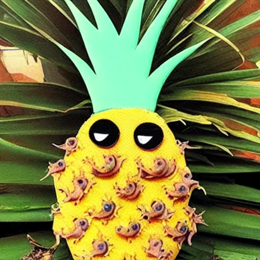 Prompt: cute cartoon octopus camouflaging as a pineapple