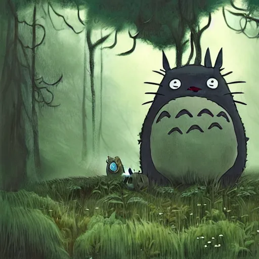 Image similar to totoro in a black metal band in the middle of the forest, fantasy digital art, wow, stunning, ghibli style, hight quality