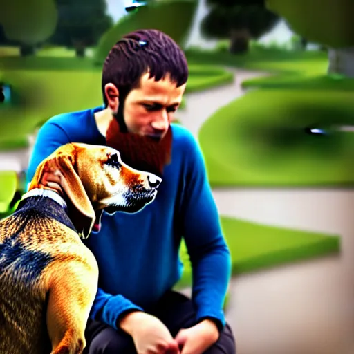 Image similar to photograph of a man with a dog begging!!!!!!!!!!!!!!!!!!!!! for food, 8k resolution, high detail, ULTRA REALISTIC VFX, reflections