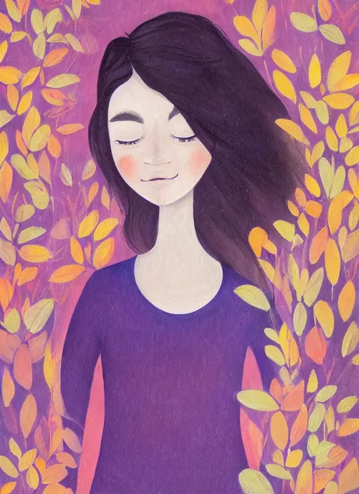 Image similar to a wonderful childrens illustration portrait painting of a woman with serene emotion, art by tracie grimwood, forest, trees, many leaves, birds, whimsical, aesthetically pleasing and harmonious natural colors