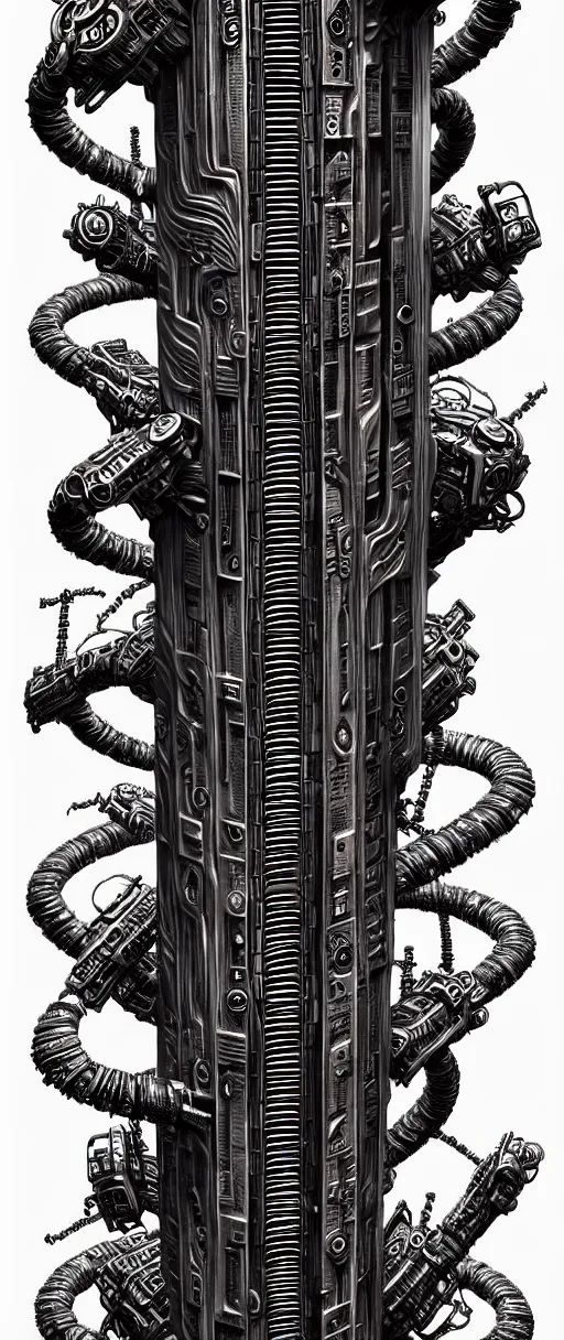 Prompt: a double helix dna cyberpunk steampunk carved pillar, high details, lineart, by vincent di fate and joe fenton, inking, screen print, masterpiece, trending on artstation, sharp, high contrast, hyper - detailed,, hd, 4 k, 8 k