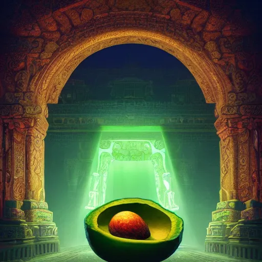 Image similar to a green avocado armchair in the center of golden ancient temple, illuminated by narrow light beam , fantasy illustration, trending on artstation, deviantart, very realistic, 4k