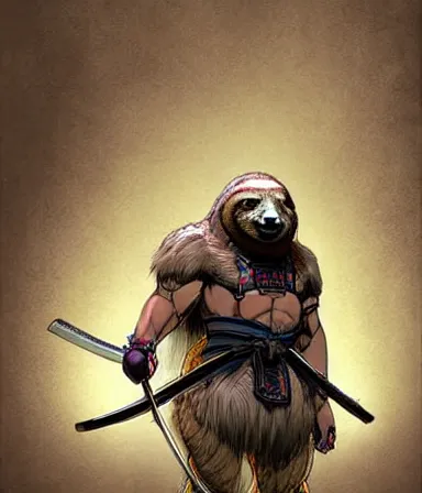 Image similar to graphic, hyperreal illustration of anthropomorphic sloth in traditional samurai armor : : digital art, concept art, character development : : illustrated by artgerm, yoji shinkawa, scott buoncristiano, nychos