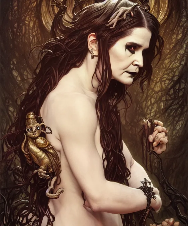 Image similar to ozzy osborne as a gothic female fantasy satyr, portrait, fantasy, intricate, elegant, highly detailed, digital painting, artstation, concept art, smooth, sharp focus, illustration, art by artgerm and greg rutkowski and alphonse mucha