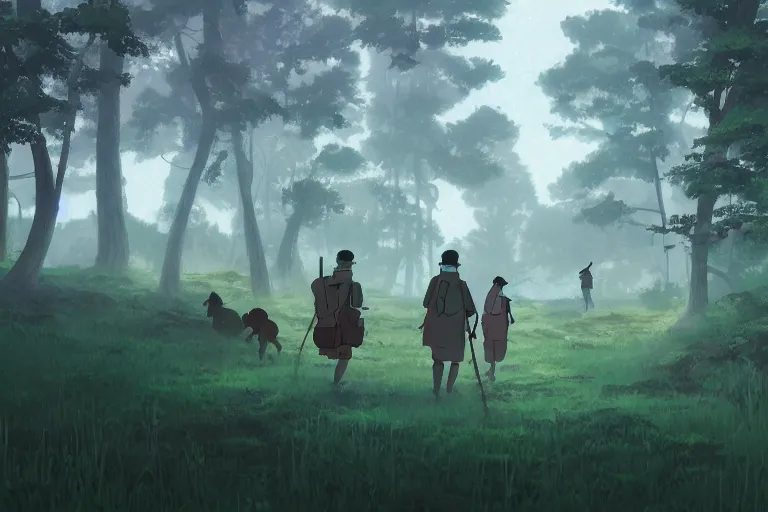 Image similar to cell shaded key visual of a group nomads hunting in a misty forest at dawn in the style of studio ghibli, moebius, makoto shinkai,