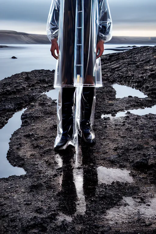 Image similar to an ultra high definition professional high fashion portrait studio full length photograph of a male model wearing a transparent pearlescent raincoat and neon visor in an icelandic black rock environment at dawn. no artefacts. extremely detailed. stark. refraction. shallow depth of field. volumetric light and shadow. ray tracing. light rays.