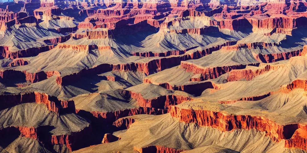 Image similar to drone shot photo of a landscape with mountains and grand canyons, wallpaper, very very wide shot, warm, national geographic, award landscape photography, professional landscape photography, sunny, day time, beautiful