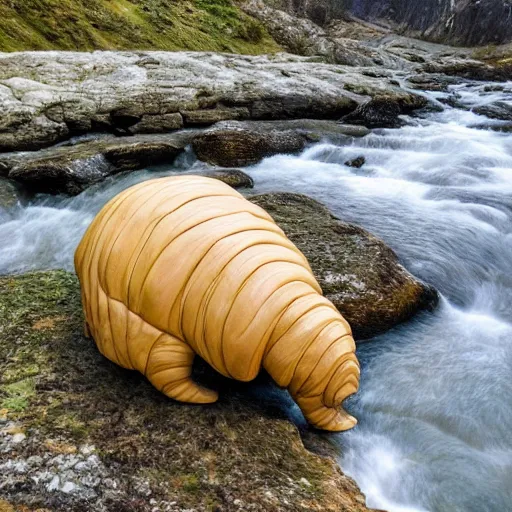 Image similar to giant tardigrade, photorealistic, smooth, sharp focus, at a river