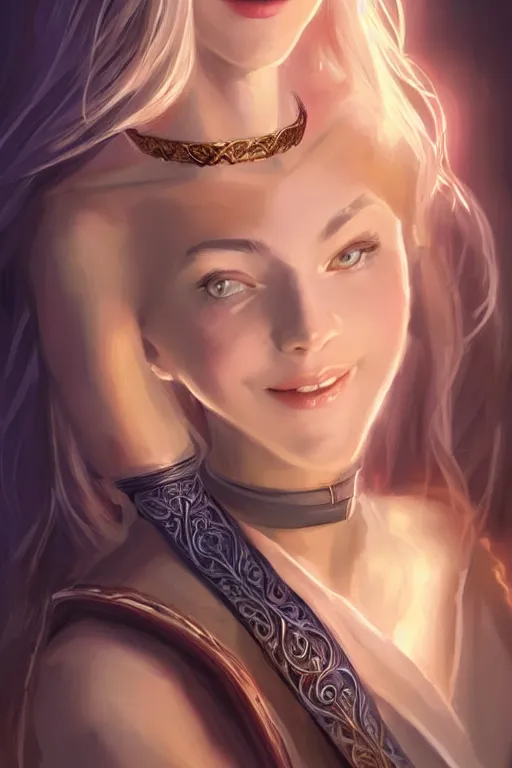 Image similar to portrait of a gorgeous young female wizard, looking at camera, D&D, choker on neck, stylish robe, mouth slightly open, cute slightly nerdy smile, very long flowing hair, intricate, elegant, stylish, fantasy, extremely detailed, digital painting, artstation, concept art, smooth, sharp focus, illustration, stunning lighting, art by artgerm and greg rutkowski and alphonse mucha and simon stalenhag