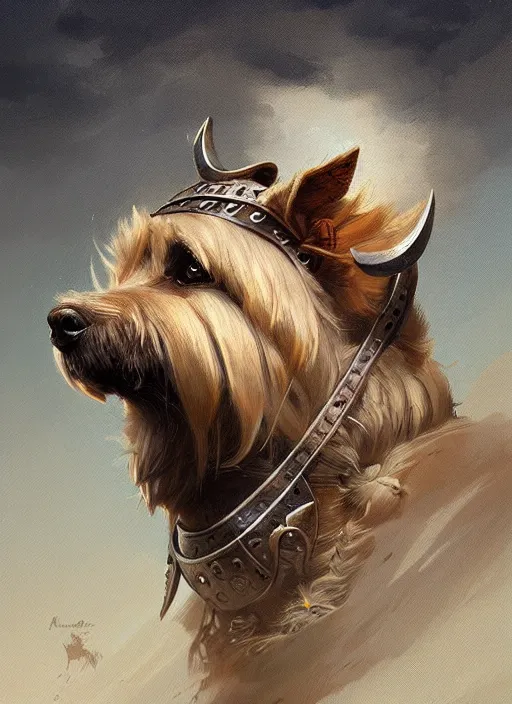 Image similar to norwich terrier as an viking, backround dark, highly detailed, digital illustration, trending in artstation, modern painting, smooth, sharp focus, intricate, by peter mohrbacher