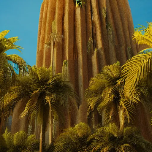 Prompt: photo of vertical golden tower, stacked ancient village, arid mountains and lush palm forest, photo realism, sharp focus, octane, golden hour