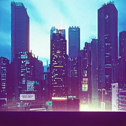 Image similar to “35mm film photography of cyberpunk city skyline, cinestill 800t, grain”