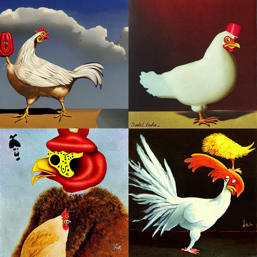 Prompt: The last chicken on the planet in the style of Dali