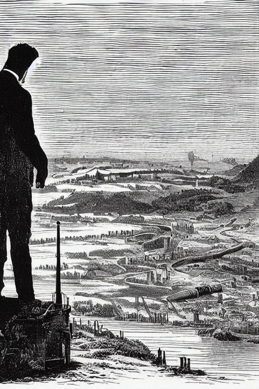 Image similar to 19th century wood-engraving of a man looking at a nuclear powerplant in the background, whole page illustration from Jules Verne book, art by Édouard Riou Jules Férat and Henri de Montaut, high quality, beautiful, removed watermarks