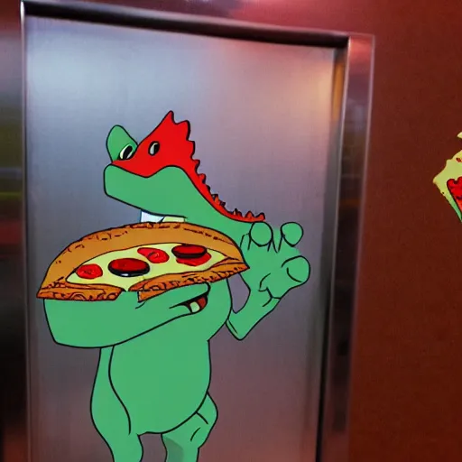 Image similar to a dinosaur with a pizza in an elevator