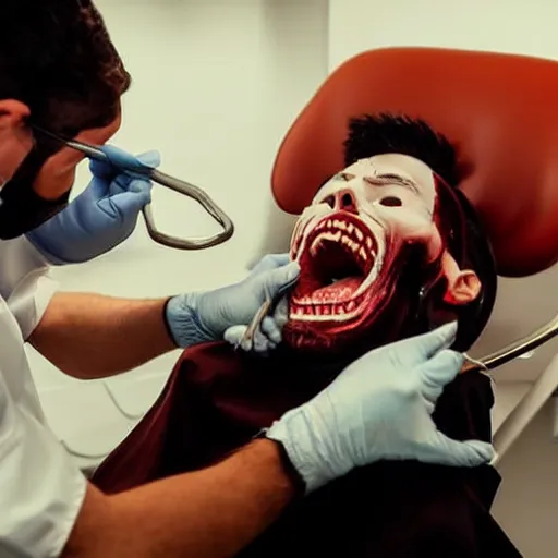 Prompt: A very evil dentist getting ready to pull the teeth out of a young male adult, horror film, cinematic, realistic