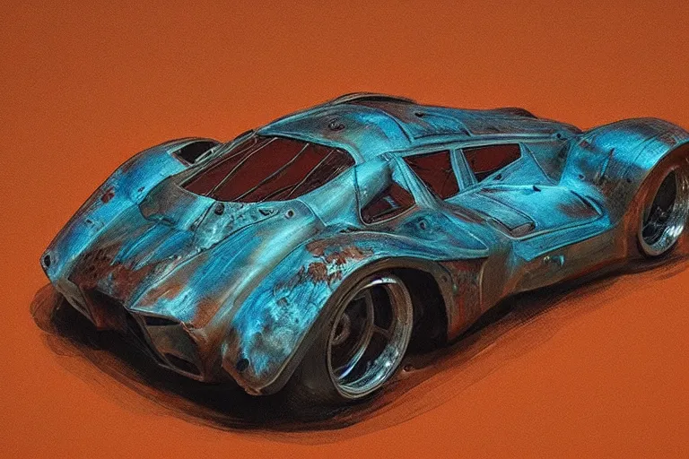 Prompt: rusty hypercar, painted by hector garrido and derek riggs, trending on artstation, volumetric lighting rear view profile picture, daguerreotype, still life, figurativism, socialist realism