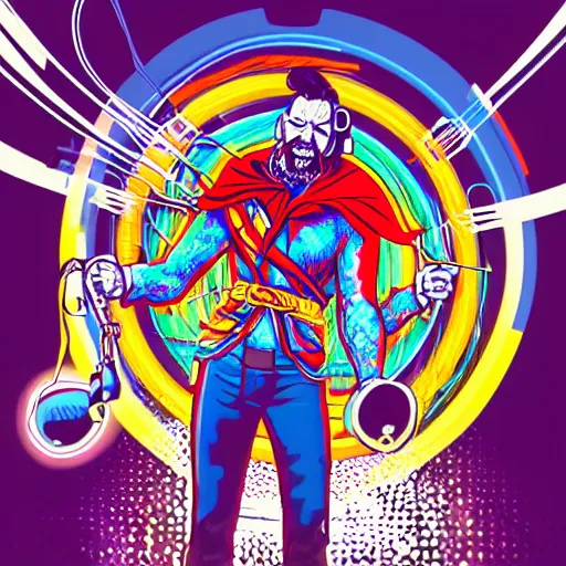 Image similar to artgerm, psychedelic laughing cybertronic dr. strange, rocking out, headphones dj rave, digital artwork, r. crumb, svg vector