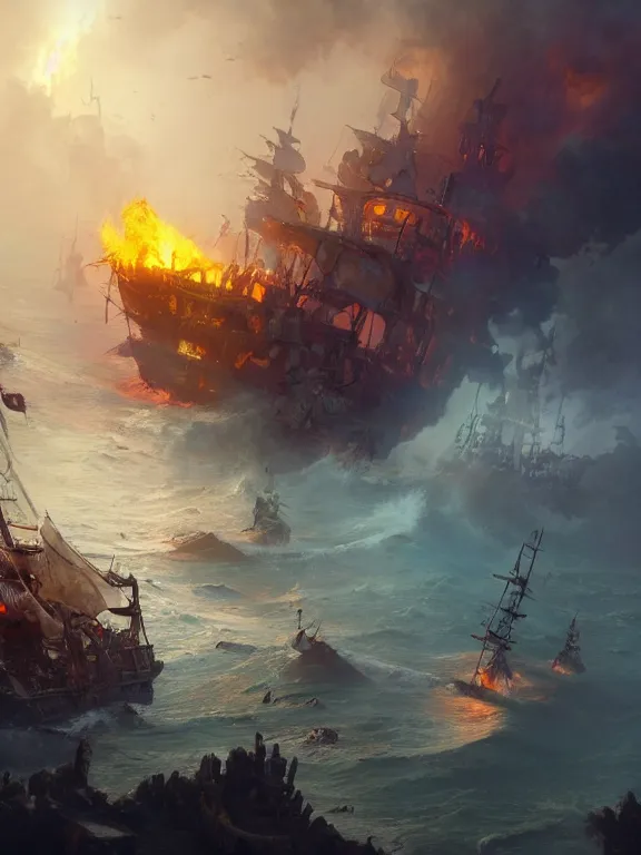 Image similar to photo of 8k ultra realistic pirate ghost ship on fire, full of colour, cinematic lighting, battered, trending on artstation, 4k, hyperrealistic, focused, extreme details,unreal engine 5, cinematic, masterpiece, art by Peter Mohrbacher