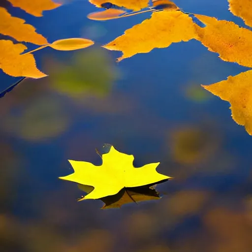 Image similar to close - up of a yellow maple leaf floating on top of a pond, with reflection