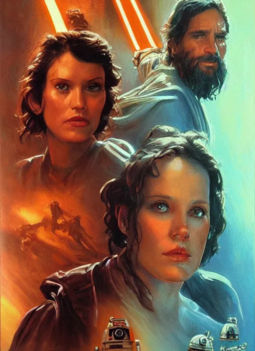 Prompt: epic cinematic poster artwork for featuring portraits for lost star wars film 1 9 9 0 moody painting by drew struzan, beautiful backlit, epic award winning, artstation, extremely detailed, photorealistic, 4 k