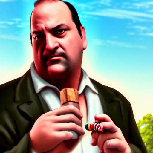 Image similar to chunky artist ethan van sciver as tony soprano, with a cigar, artstation, real photo